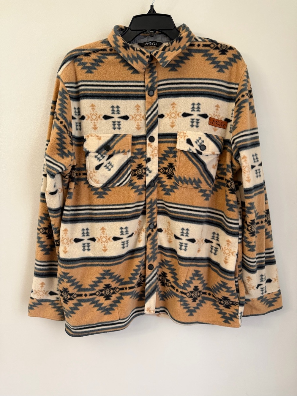 Simply Southern Jacket Mens Large Beige Aztec Fleece Button Up Lined Western